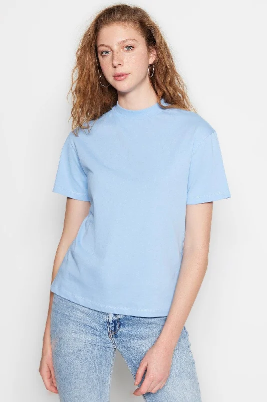 Blue 100% Cotton Basic Stand Up Collar Knitted T-shirt TWOAW20TS0096-- Spandex Blend Rayon Blend Denim Blend Blue 100% Cotton Basic Stand Up Collar Knitted T-shirt TWOAW20TS0096-- Spandex Blend Rayon Blend Denim Blend