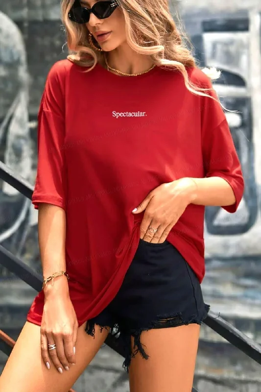 Spectacular Red Oversize Salas Boyfriend Women's T-shirt-- Ribbed Striped Patterned