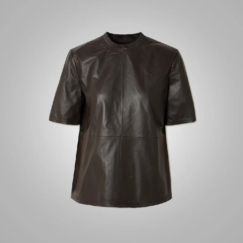 Women's Half sleeves Smooth soft choclate colour Leather Shirt-- Layered Multi-layer Single Layer Women's Half sleeves Smooth soft choclate colour Leather Shirt-- Layered Multi-layer Single Layer