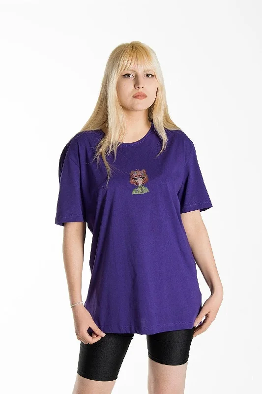 Women's Purple Front Anime Girl Printed Crew Neck Oversize Cotton T-shirt-- Handmade Hand-knitted Hand-woven Women's Purple Front Anime Girl Printed Crew Neck Oversize Cotton T-shirt-- Handmade Hand-knitted Hand-woven
