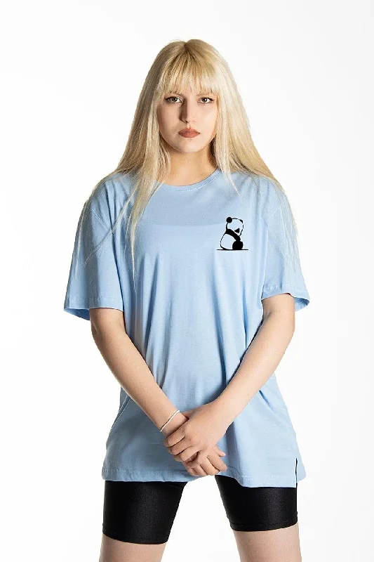 Women's Light Blue Panda Front Printed Crew Neck Oversize Cotton T-shirt-- Zippered Front Buttoned Front Snap Front Women's Light Blue Panda Front Printed Crew Neck Oversize Cotton T-shirt-- Zippered Front Buttoned Front Snap Front