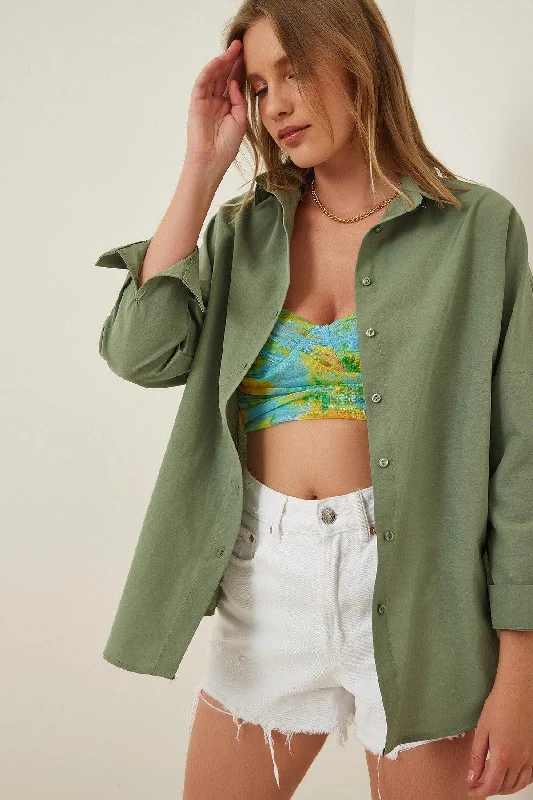 Women's Khaki Oversize Long Basic Shirt DD00842-- Wool Fabric Cashmere Fabric Tweed Fabric Women's Khaki Oversize Long Basic Shirt DD00842-- Wool Fabric Cashmere Fabric Tweed Fabric