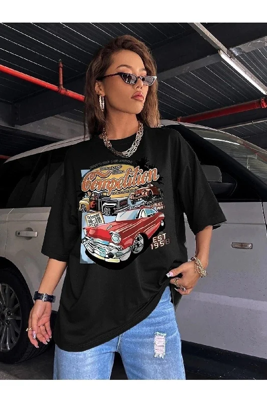 Women's Black Compeltition Printed Oversize T-shirt-- Hooded Caped Shawl Collar