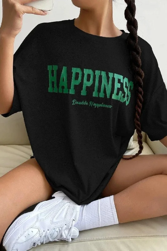Women's Oversize Hapiness Printed Black T-shirt-- Silk Blend Satin Velvet