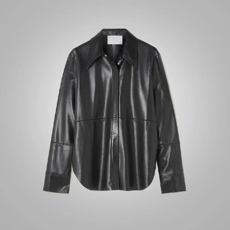 Women's Black Supple Feel Soft Slim Leather Shirt-- Elasticated Padded Insulated