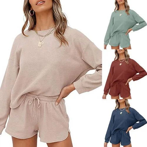 Women Long Sleeve T Shirt Tops Shorts Solid Color Home Two-piece Suit-- Modern Contemporary Chic Women Long Sleeve T Shirt Tops Shorts Solid Color Home Two-piece Suit-- Modern Contemporary Chic