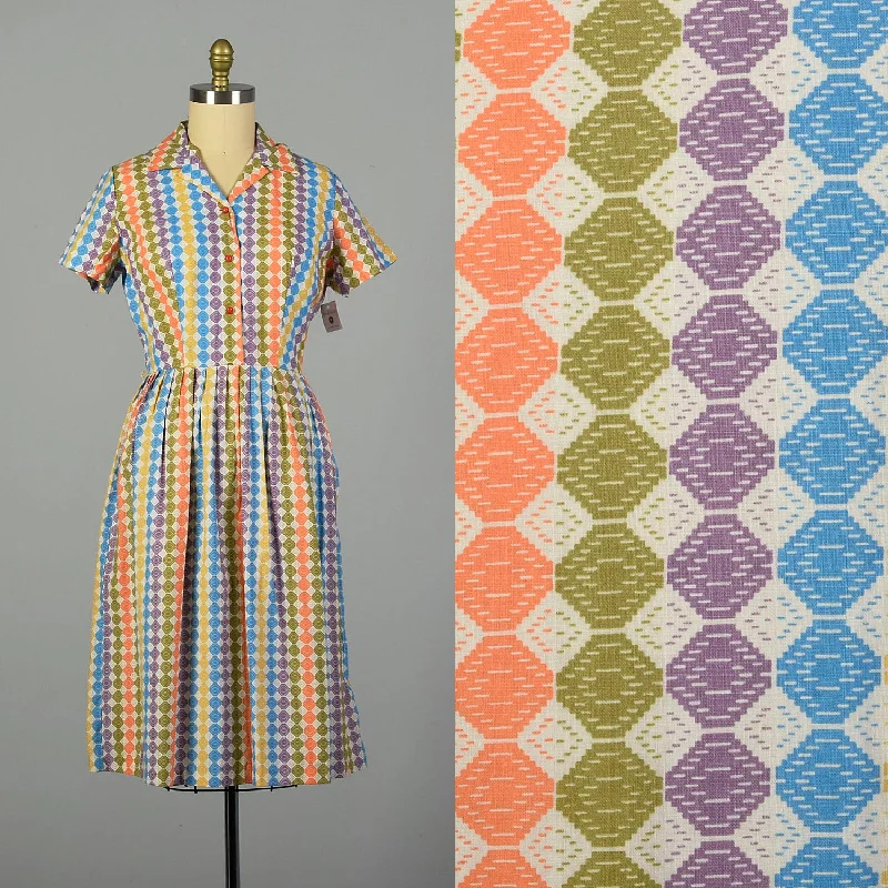 Large 1950s Cotton Day Dress with Colorful Print Shirtwaist-- Terry Blend Velvet Blend Canvas Blend Large 1950s Cotton Day Dress with Colorful Print Shirtwaist-- Terry Blend Velvet Blend Canvas Blend