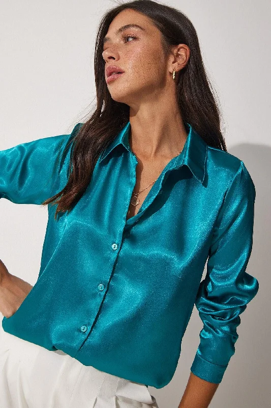 Women's Petrol Blue Light Flowy Satin Top Shirt DD00990-- Houndstooth Herringbone Solid Women's Petrol Blue Light Flowy Satin Top Shirt DD00990-- Houndstooth Herringbone Solid