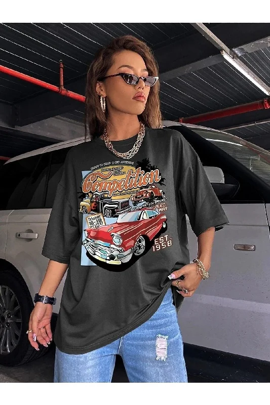 Women's Smoked Compeltition Printed Oversize T-shirt-- Notch Collar Peter Pan Collar Cowl Neck Women's Smoked Compeltition Printed Oversize T-shirt-- Notch Collar Peter Pan Collar Cowl Neck