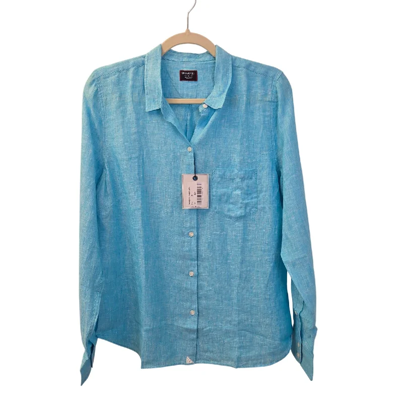 NWT UNTUCKit  Blush-Aqua 100% Linen Long Sleeve Button Down Shirt Size 8-- Notch Collar Peter Pan Collar Cowl Neck