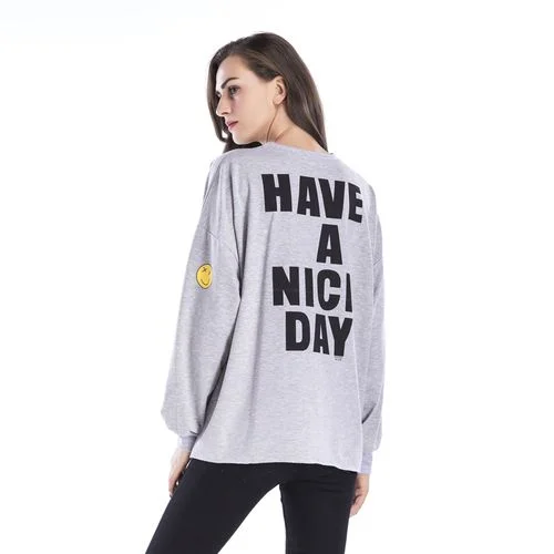 Letter Smiley Printed Spring Loose Round Neck Casual Shirt Women T Shirts-- Chenille Brocade Lace Letter Smiley Printed Spring Loose Round Neck Casual Shirt Women T Shirts-- Chenille Brocade Lace