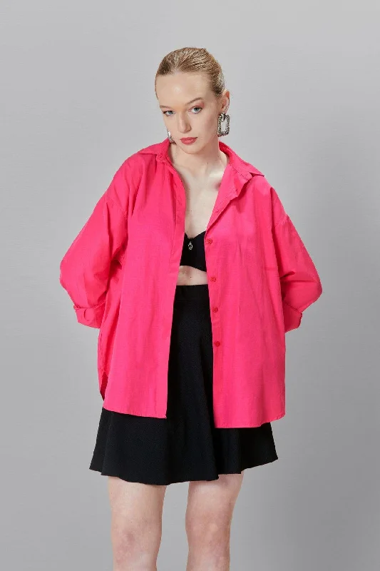 Women's Fuchsia Oversize Long Woven Shirt-- Front Pockets Side Pockets Patch Pockets