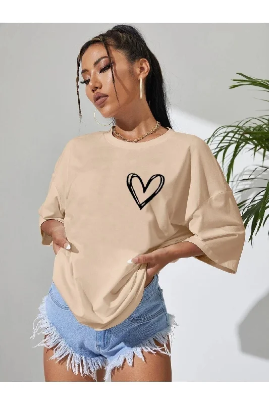 Minimal Heart Printed Light Brown Oversize Tshirt-- Mesh Blend Leather Blend Suede Blend Minimal Heart Printed Light Brown Oversize Tshirt-- Mesh Blend Leather Blend Suede Blend