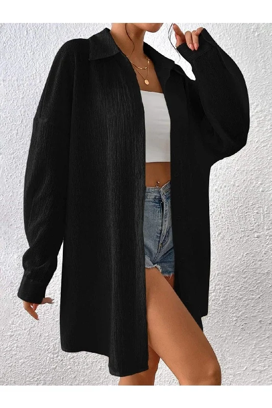 Women's Black Oversize Long Shirt-- Mesh Fabric Canvas Fabric Denim Fabric