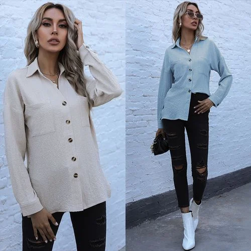 Women Solid Color Shirt Single-breasted Long Sleeved Blouse-- Ribbed Striped Patterned Women Solid Color Shirt Single-breasted Long Sleeved Blouse-- Ribbed Striped Patterned