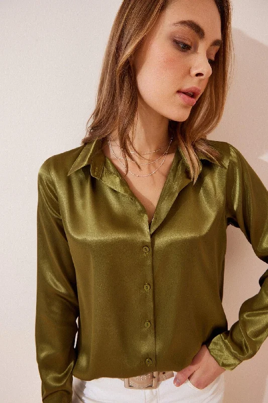 Women's Green Light Flowy Satin Shirt DD00990-- Layered Multi-layer Single Layer