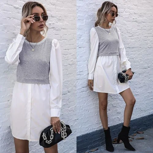 Women Long Sleeve Blouse Stitching Mid-length Shirt-- Jersey Fabric Tulle Fabric Batik Fabric