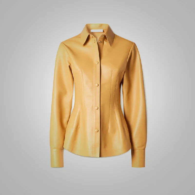 Women's Brown Soft Smart Collar Sleeves Leather Shirt-- Collared Crew Neck Turtle Neck Women's Brown Soft Smart Collar Sleeves Leather Shirt-- Collared Crew Neck Turtle Neck