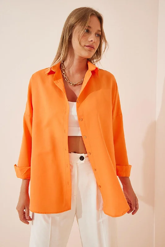 Women's Orange Oversize Long Basic Shirt DD00842-- Houndstooth Herringbone Solid