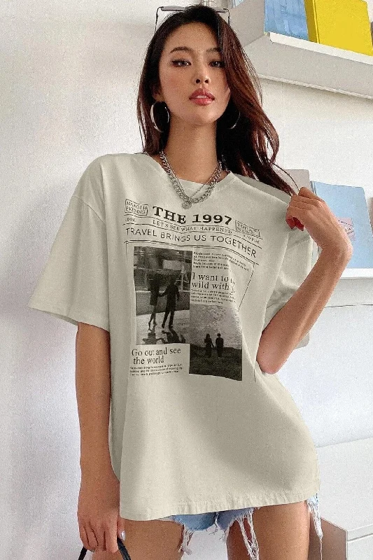Women's Beige The 1997 Printed Oversize T-shirt-- Thin T-Shirt Open Front Quick Dry