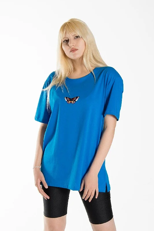 Women's Blue Butterfly Printed Crew Neck Oversize Cotton T-shirt-- Silk Blend Satin Velvet Women's Blue Butterfly Printed Crew Neck Oversize Cotton T-shirt-- Silk Blend Satin Velvet