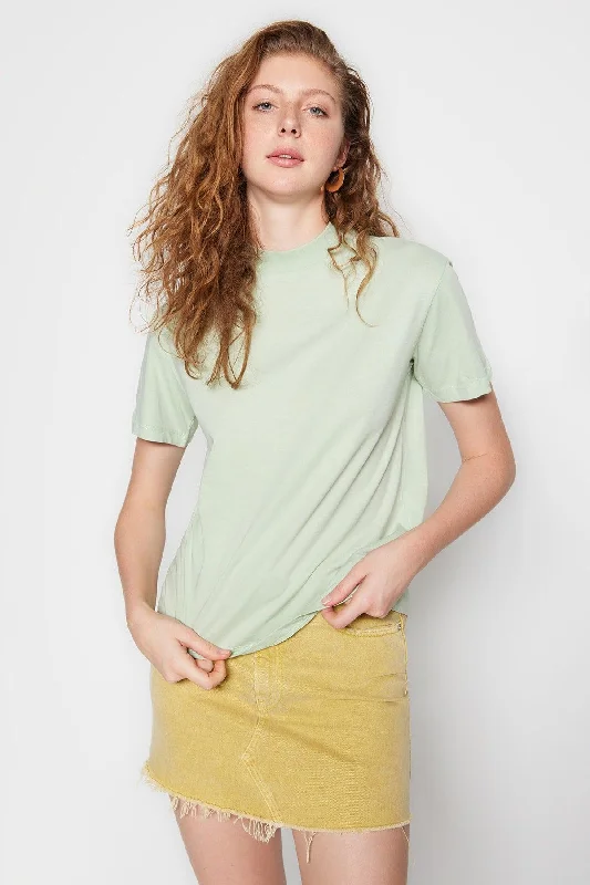 Mint 100% Cotton Basic Stand Up Collar Knitted T-Shirt TWOAW20TS0096-- Hooded Caped Shawl Collar Mint 100% Cotton Basic Stand Up Collar Knitted T-Shirt TWOAW20TS0096-- Hooded Caped Shawl Collar