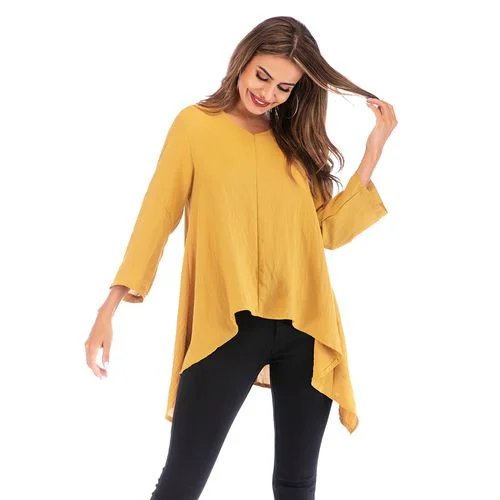 V-neck Irregular Half Sleeve Loose Casual Solid Color Top Women T Shirts-- Cotton Fabric Linen Fabric Terry Fabric V-neck Irregular Half Sleeve Loose Casual Solid Color Top Women T Shirts-- Cotton Fabric Linen Fabric Terry Fabric