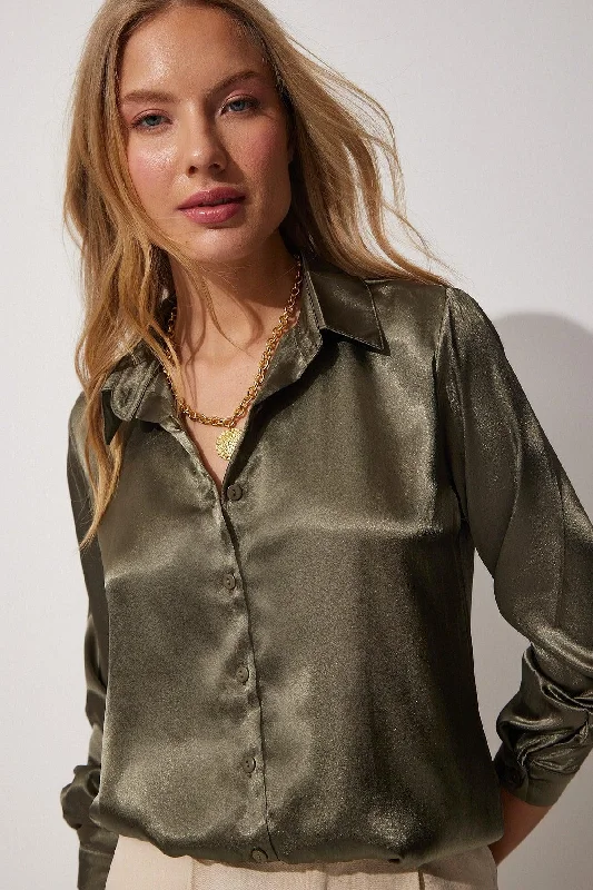 Women's Dark Khaki Lightly Flowy Satin Shirt DD00990-- Anti-Pilling Machine Wash Handmade