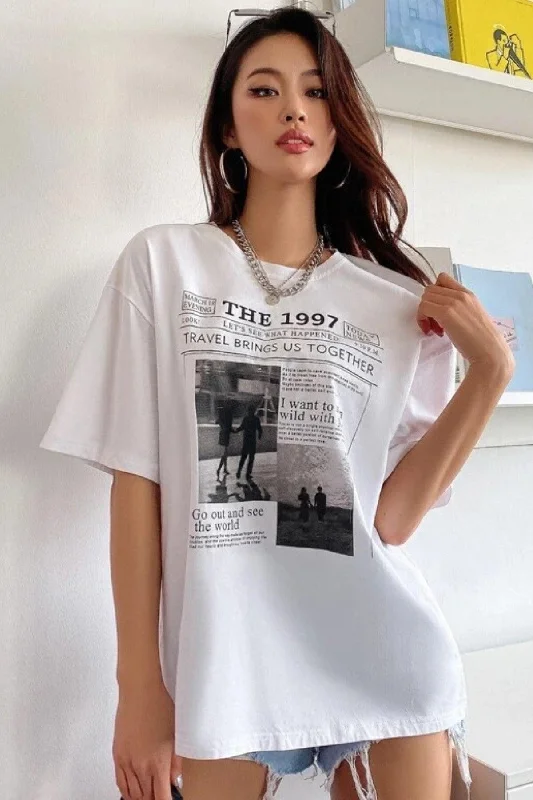 Women's White 1997 Printed Oversize T-shirt-- Graphic T-Shirt Round Neck Polyester