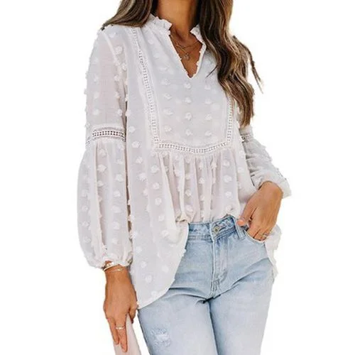 Womens Lotus Leaf Chiffon Long-sleeved Shirt Blouse-- Denim Fabric Leather Fabric Suede Fabric