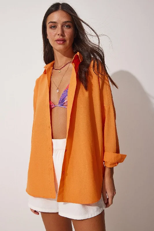 Women's Mandarin Oversize Long Basic Shirt DD00842-- Houndstooth Herringbone Solid
