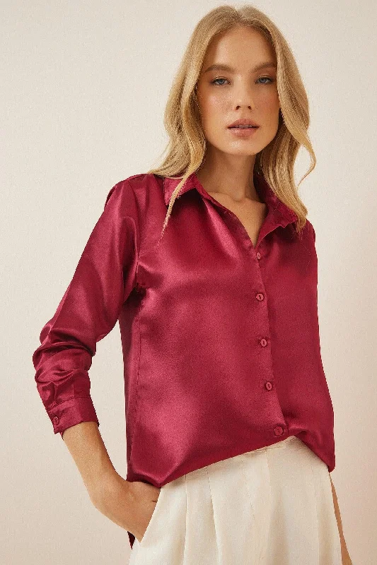 Women's Claret Red Lightly Flowy Satin Shirt DD00990-- Elegant Classic Vintage