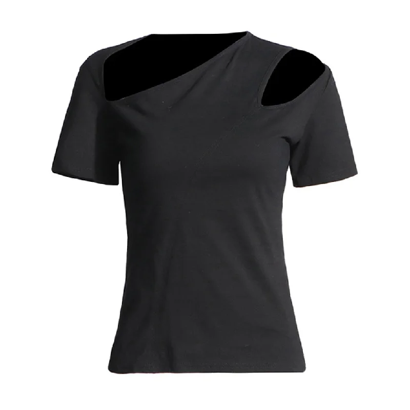 Asymmetrical Neck Split Cutout Short Sleeve Solid Color Fitted T Shirt-- Polka Dot Checkered Tartan