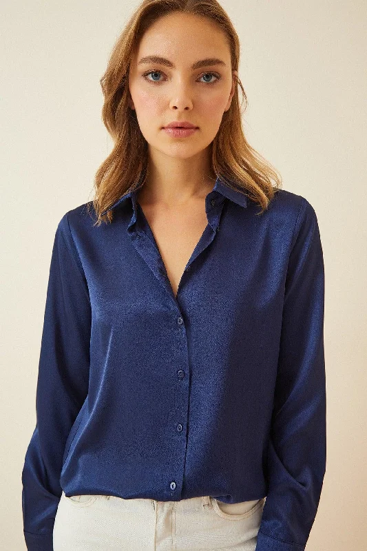 Women's Navy Blue Lightly Flowy Satin Shirt DD00990-- Cozy Warm Stylish