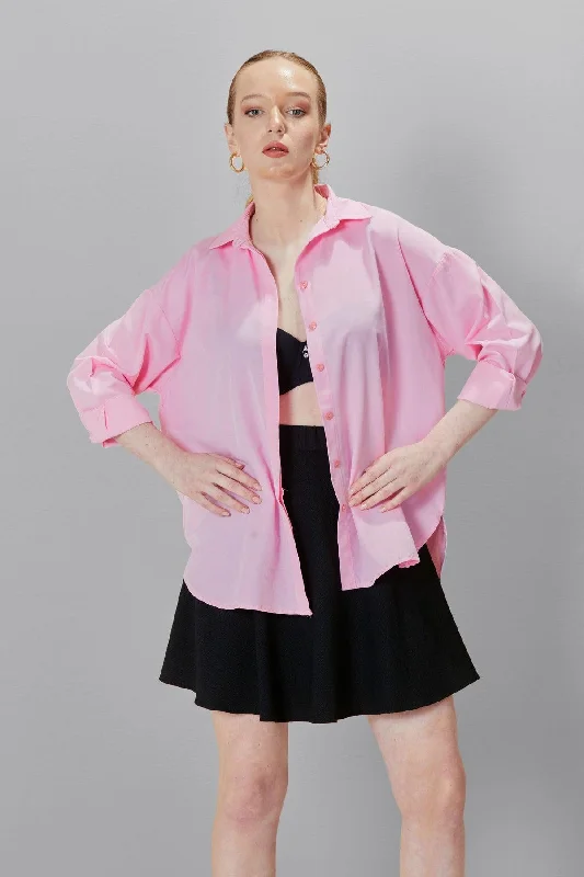 Women's Pink Oversize Long Basic Shirt-- Collared Crew Neck Turtle Neck