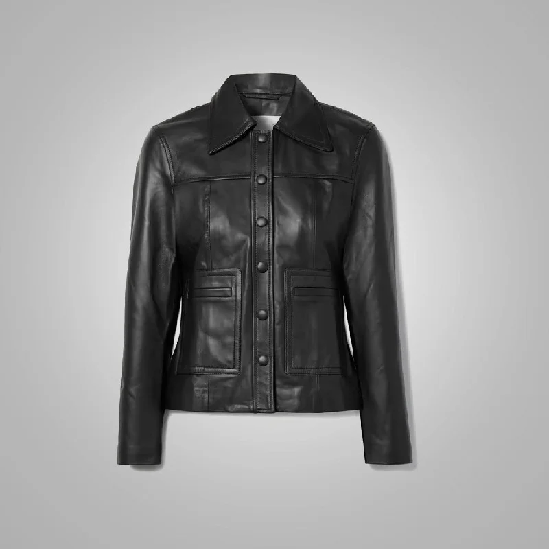 Women's Smooth Simple Buttery Soft Black Leather Shirt-- Mesh Canvas Denim