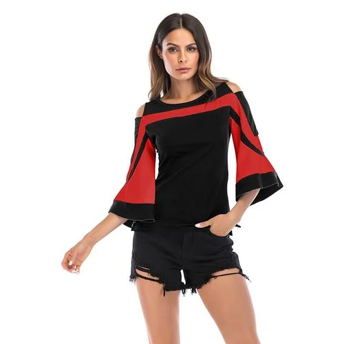 Round-necked Off-the-shoulder Flared Sleeve Top Trim Women T Shirts-- Mesh Blend Leather Blend Suede Blend Round-necked Off-the-shoulder Flared Sleeve Top Trim Women T Shirts-- Mesh Blend Leather Blend Suede Blend