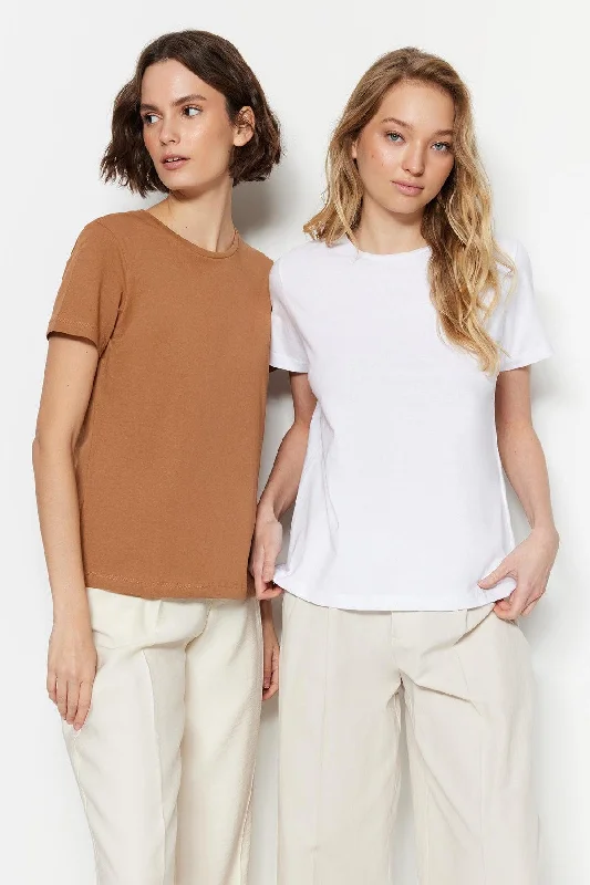 Camel-White 100% Cotton 2-Pack Basic Crew Neck Knitted T-Shirt TWOSS20TS0141-- Zippered Front Buttoned Front Snap Front