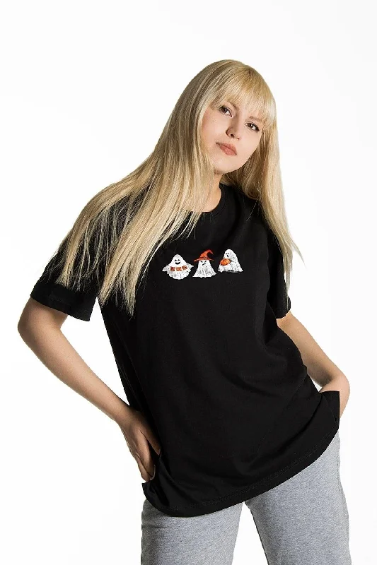 Women's Black Ghost Printed Crew Neck Oversize Cotton T-shirt-- Iron Safe Non-Iron Wrinkle Free Women's Black Ghost Printed Crew Neck Oversize Cotton T-shirt-- Iron Safe Non-Iron Wrinkle Free