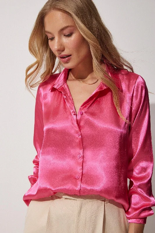 Women's Vivid Pink Light Flowy Satin Top Shirt DD00990-- Fitted T-Shirt Seamless Stretchy Women's Vivid Pink Light Flowy Satin Top Shirt DD00990-- Fitted T-Shirt Seamless Stretchy
