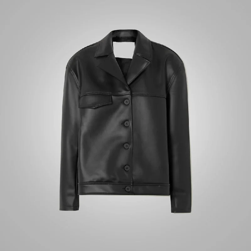 Women's Black Soft Fit Smooth Faux Leather Shirt-- Solid Color Striped Floral