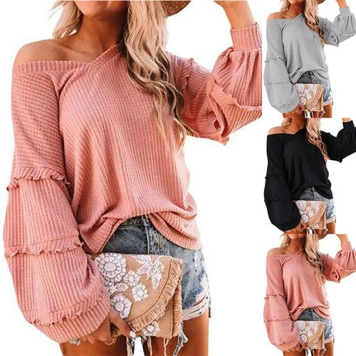Womens Waffle Lantern Sleeve Ruffled V-neck T Shirt Long Sleeved Top-- Faux Fur Fabric Real Fur Fabric Shearling Fabric Womens Waffle Lantern Sleeve Ruffled V-neck T Shirt Long Sleeved Top-- Faux Fur Fabric Real Fur Fabric Shearling Fabric