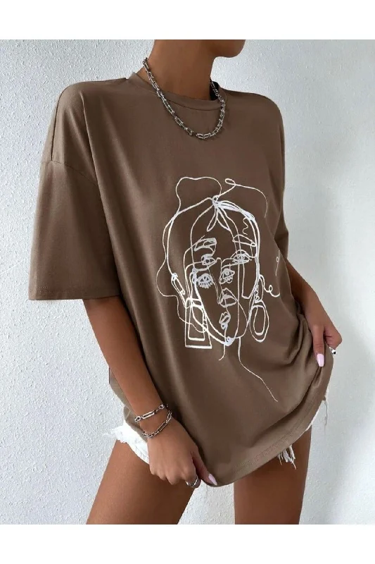 Women's Brown Figure Printed Oversize T-shirt-- Cozy Warm Stylish