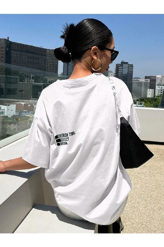 Women's White Cheerish Print Oversize T-shirt-- Hooded Caped Shawl Collar