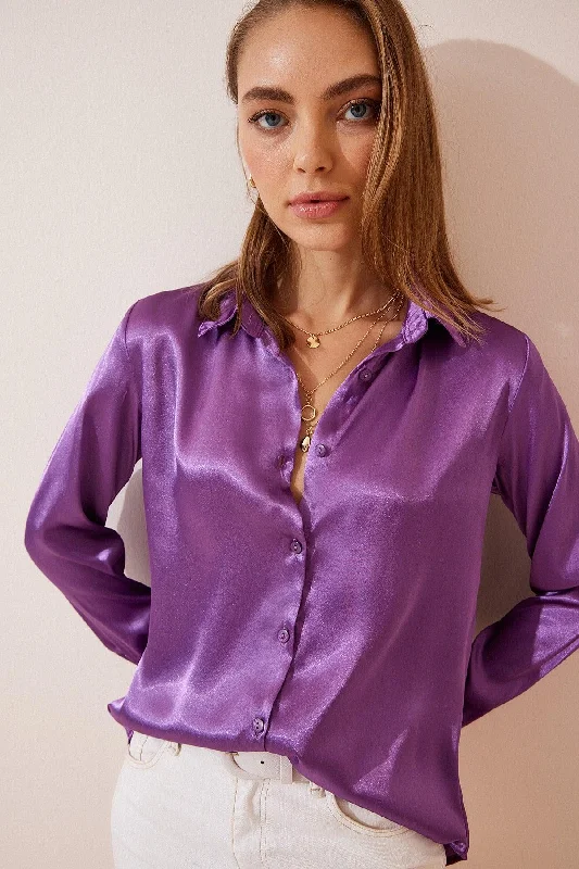 Women's Purple Light Flowy Satin Shirt DD00990-- Front Pockets Side Pockets Patch Pockets Women's Purple Light Flowy Satin Shirt DD00990-- Front Pockets Side Pockets Patch Pockets