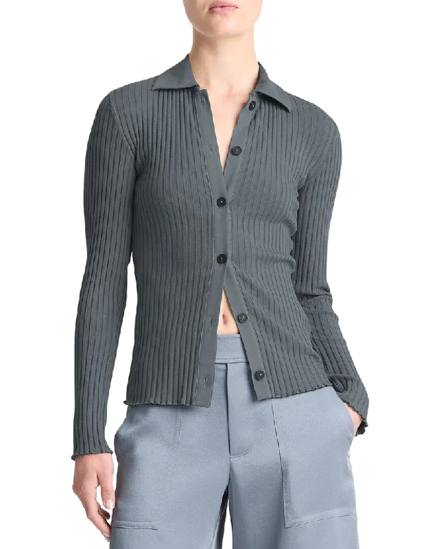 Vince Rib Button-Up Polo Shirt-- Print Jacquard Patchwork