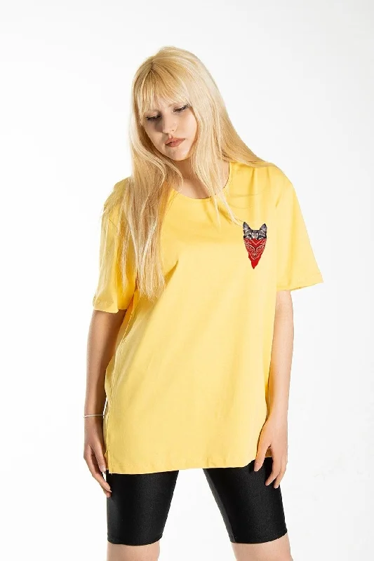 Women's Yellow Front Masked Cat Printed Crew Neck Oversize Cotton T-shirt-- Polka Dot Checkered Tartan Women's Yellow Front Masked Cat Printed Crew Neck Oversize Cotton T-shirt-- Polka Dot Checkered Tartan