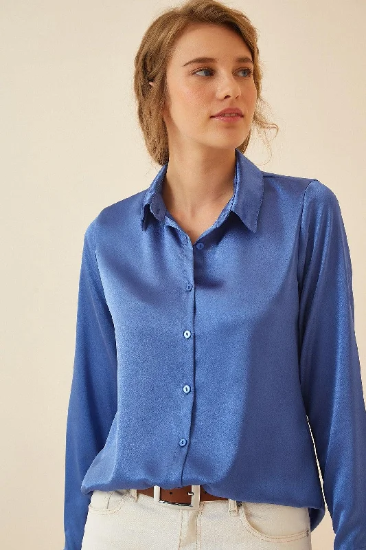 Women's Vivid Blue Light Flowy Satin Shirt DD00990-- Collared T-Shirt Boat Neck A-Line Women's Vivid Blue Light Flowy Satin Shirt DD00990-- Collared T-Shirt Boat Neck A-Line