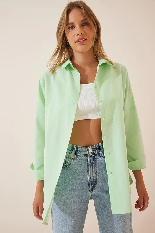 Women's Light Green Oversize Long Basic Shirt DD00842-- Zippered Front Buttoned Front Snap Front Women's Light Green Oversize Long Basic Shirt DD00842-- Zippered Front Buttoned Front Snap Front