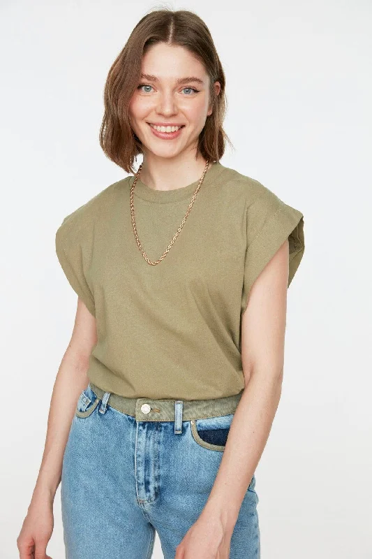 Khaki 100% Cotton Wadding Look Basic Crew Neck Knitted T-Shirt TWOSS20TS0021-- Polka Dot Checkered Tartan Khaki 100% Cotton Wadding Look Basic Crew Neck Knitted T-Shirt TWOSS20TS0021-- Polka Dot Checkered Tartan